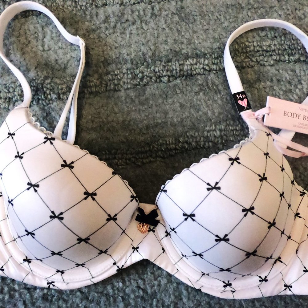 Victoria Secret Bra 34B Lined Demi White Black Bow Print Body by Victoria